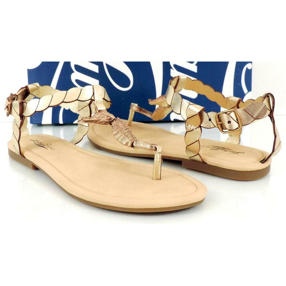 Lucky Brand Chorse T-Strap Flat Thong Sandals Platinum Gold Size 6.5